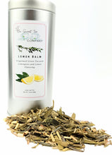 Load image into Gallery viewer, A bottle labeled 'Lemon Balm' with a picture of green tea leaves and a slice of lemon, indicating it is a product from The Sweet Tea Company.